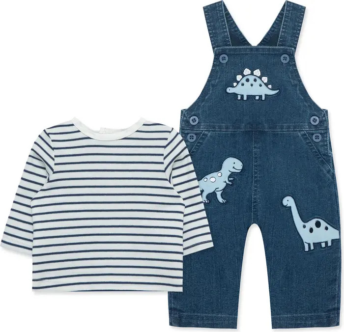 Little Me Stripe T-Shirt & Dinosaur Appliqué Overalls Set | Nordstrom | Nordstrom
