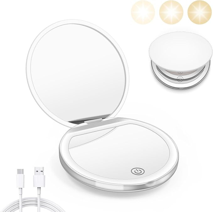 Compact Mirror with Light, 1X/3X Magnification LED Pocket Mirror with USB Data Cable, White Mini ... | Amazon (US)