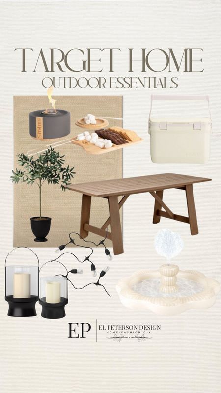 Area rug
Cooler
Outdoor dining table
Table top olive tree
Lantern string light
Fountain
S’mores maker

#LTKHome