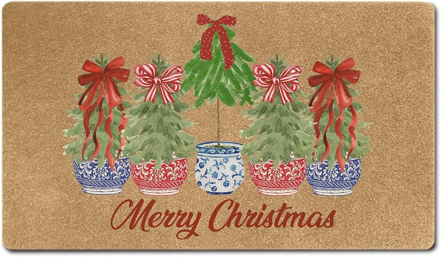 Red White and Blue Chinoiserie Faux Christmas Coir Door Mats Outdoor, Merry Christmas Door Mat fo... | Amazon (US)