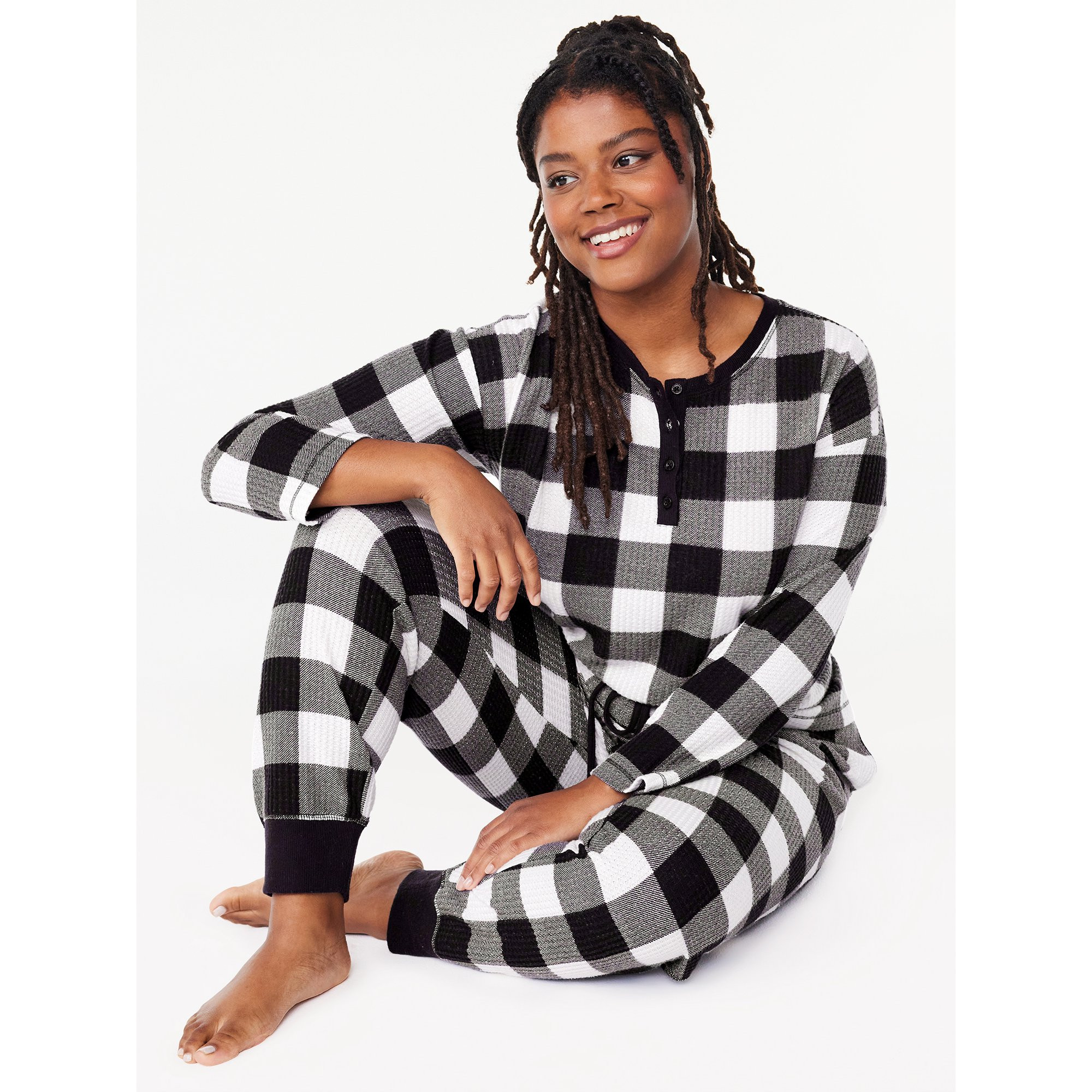 Joyspun Women's Waffle Hacci Knit Henley Top and Joggers Pajama Set, 2-Piece, Sizes S to 3X | Walmart (US)