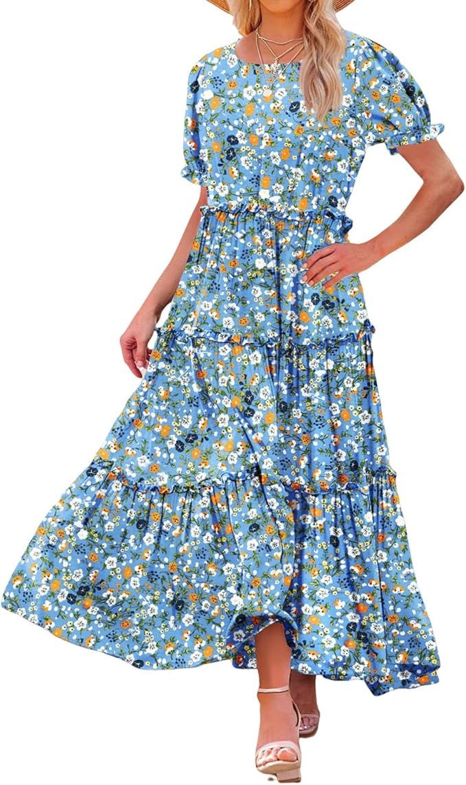 Yrkcah Women Casual Loose Bohemian Floral Dress Crew Neck Puff Sleeve Tiered Ruffle Flowy Long Ma... | Amazon (US)