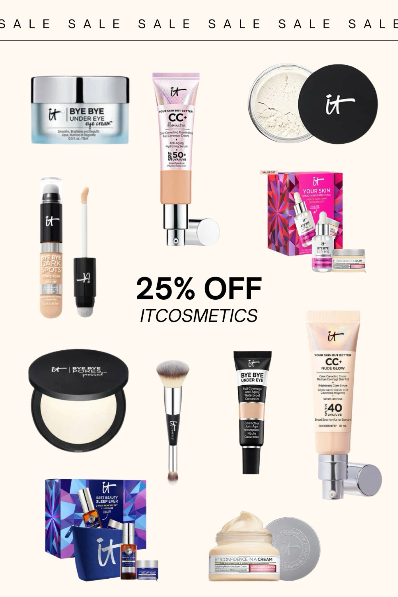 25% off everything on itcosmetics!! I’m a HUUUUGE fan of the CC cream 🙌🏼

#LTKbeauty #LTKsalealert