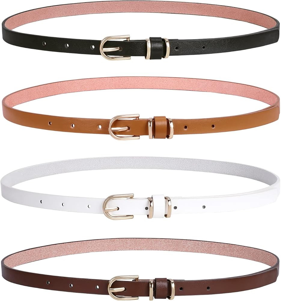 LEACOOLKEY 4 PACK Skinny Leather Belt for Women Dress Thin Waist Belt with Gold Buckle for Jeans | Amazon (US)