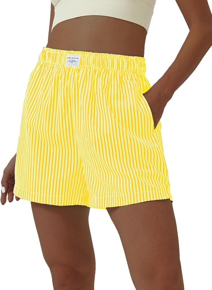 Women's Striped Shorts Elastic High Waisted Summer Casual Straight Leg Shorts with Pocket | Amazon (US)