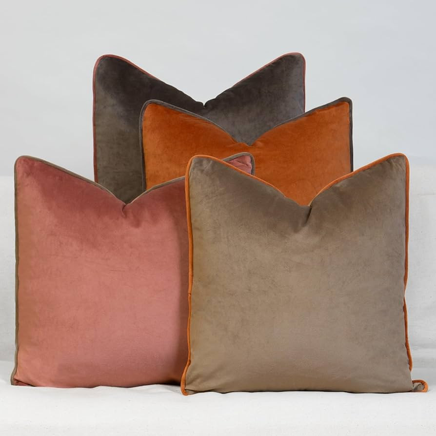 Decorative Throw Pillow Set of 4, 18" x 18" Solid Colorful Velvet Accent Pillow Covers, Terracott... | Amazon (US)