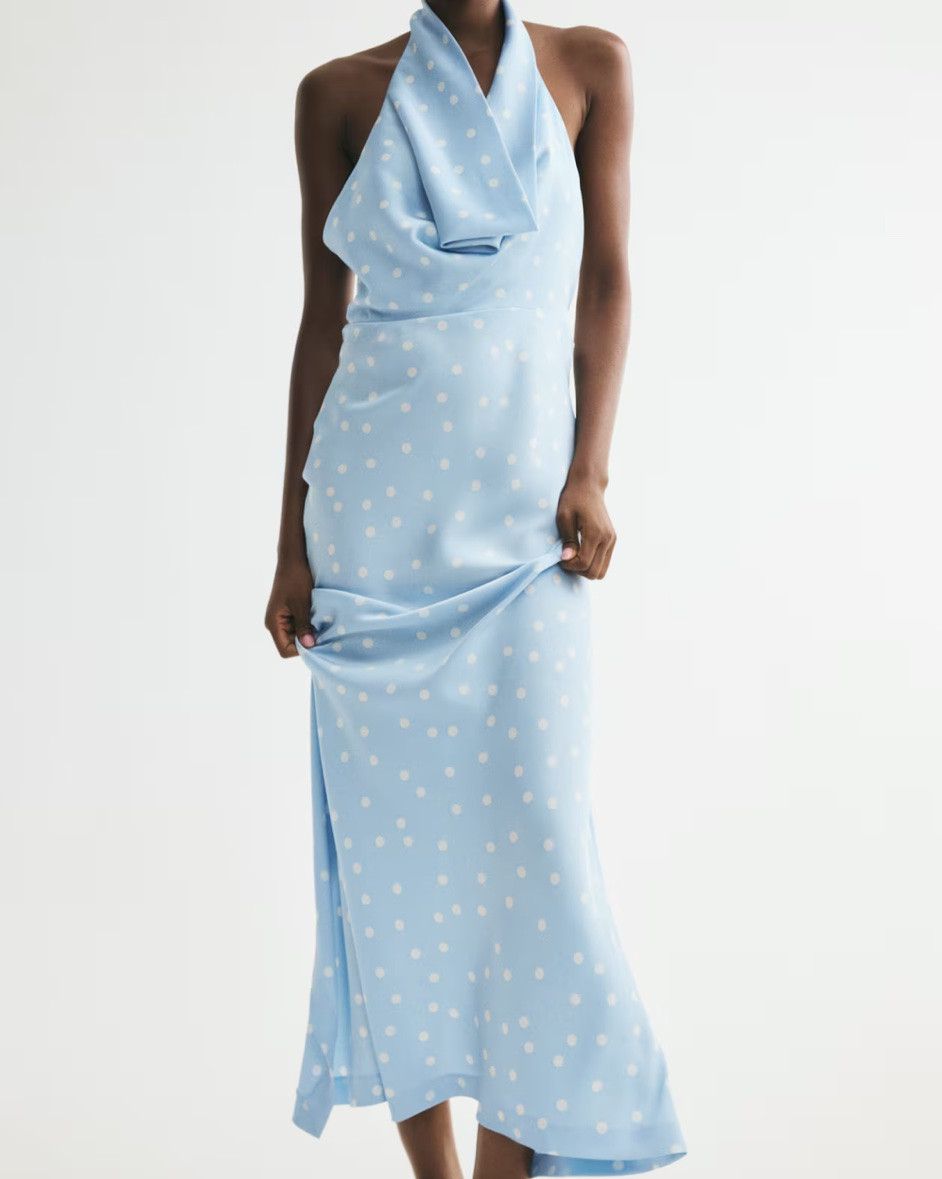 Light blue and white halter neck satin maxi dress
Wedding guest dress

#LTKSeasonal