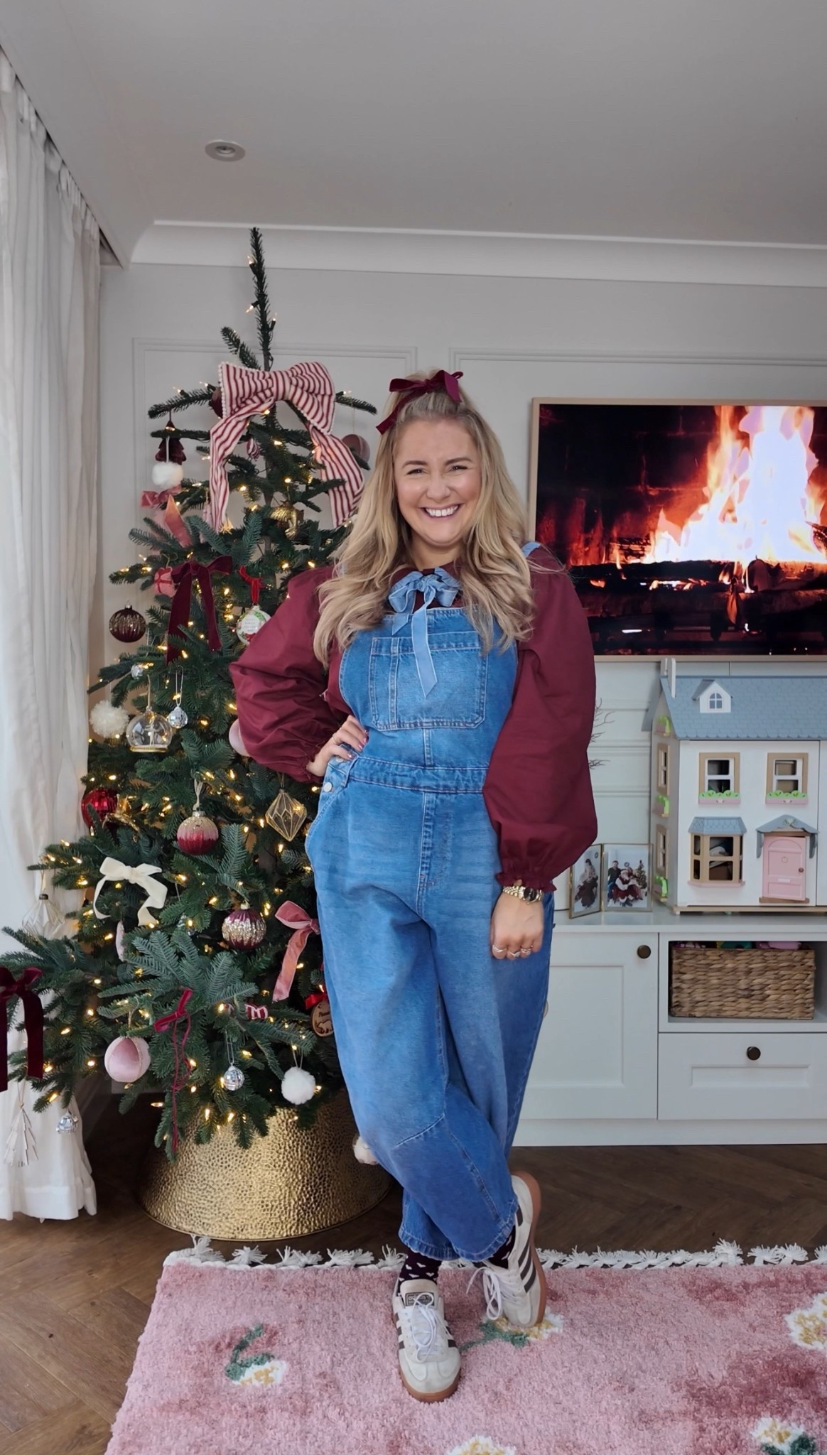 Oversized shirt and denim dungarees festive outfit 