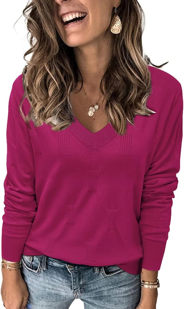 Arach&Cloz Womens Fall Tops 2024 Fashion V Neck Long Sleeve Shirts Blouse Knit Casual Pullover Sw... | Amazon (US)