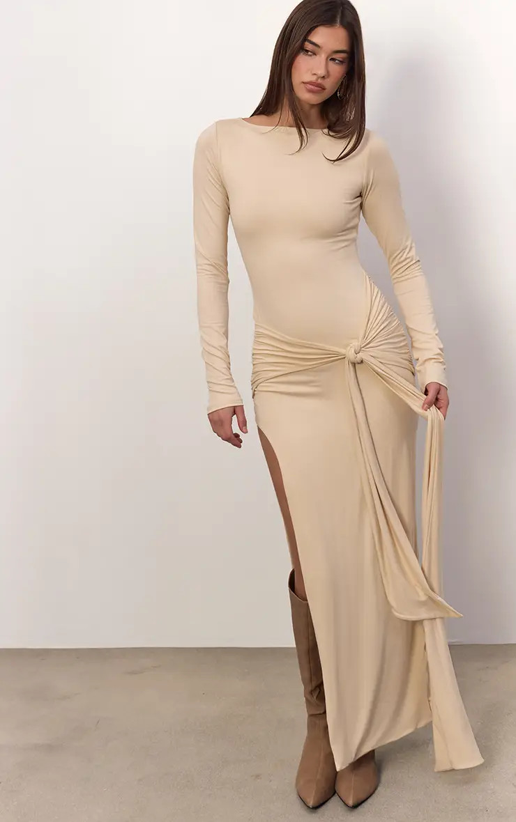 Dresses | Grey Soft Touch Boat Neck Wrap Detail Maxi Dress | PrettyLittleThing | PrettyLittleThing US