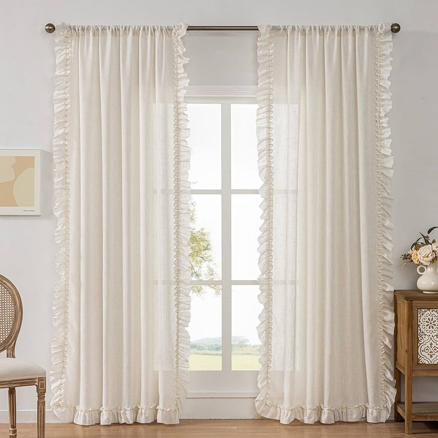 Farmhouse Curtains for Bedroom Living Room 2 Panels Set Linen Ruffle Curtains 96 Inches Long, Rod... | Amazon (US)
