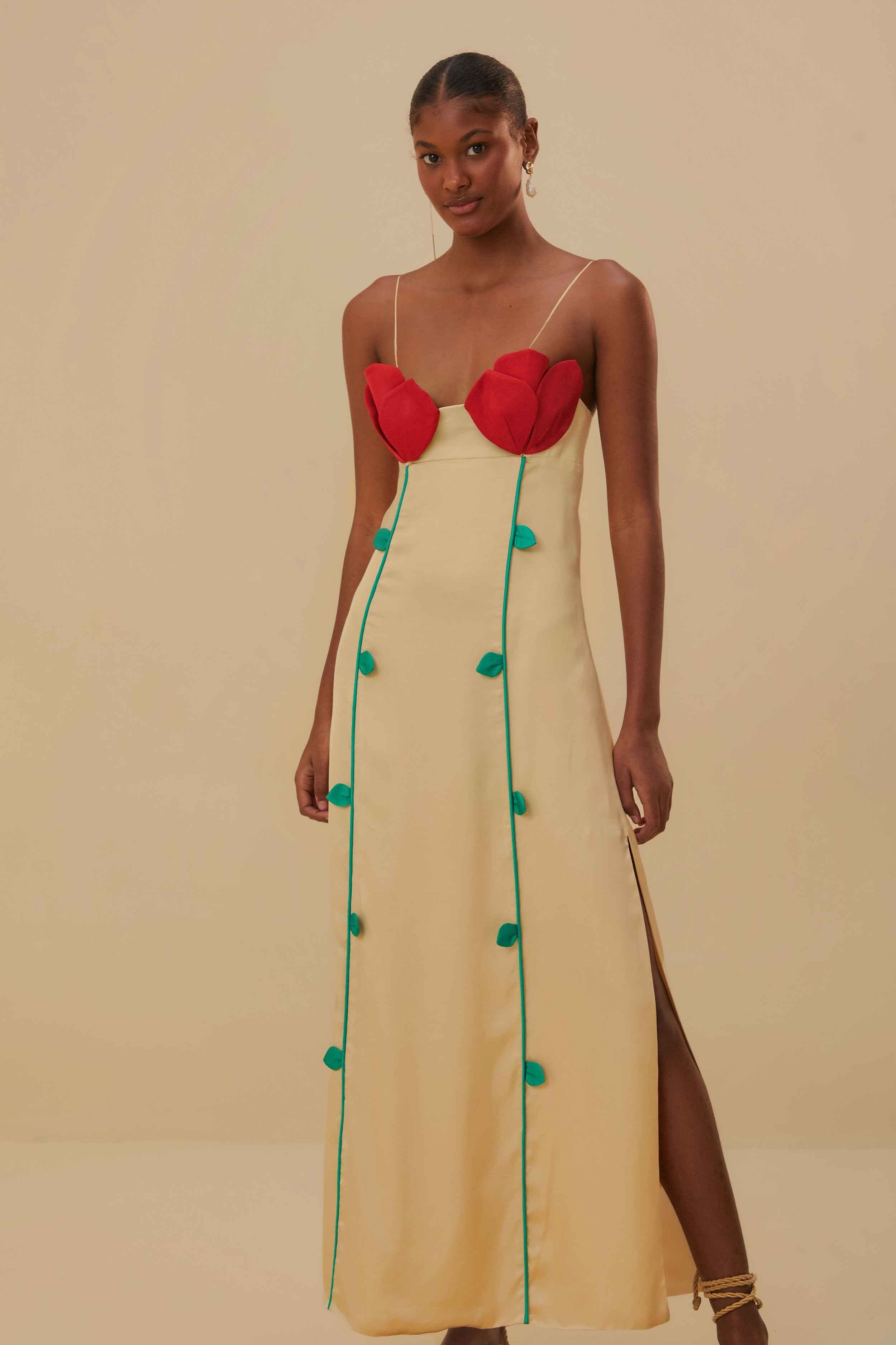 Beige Rose Shaped Bodice Sleeveless Maxi Dress | FarmRio
