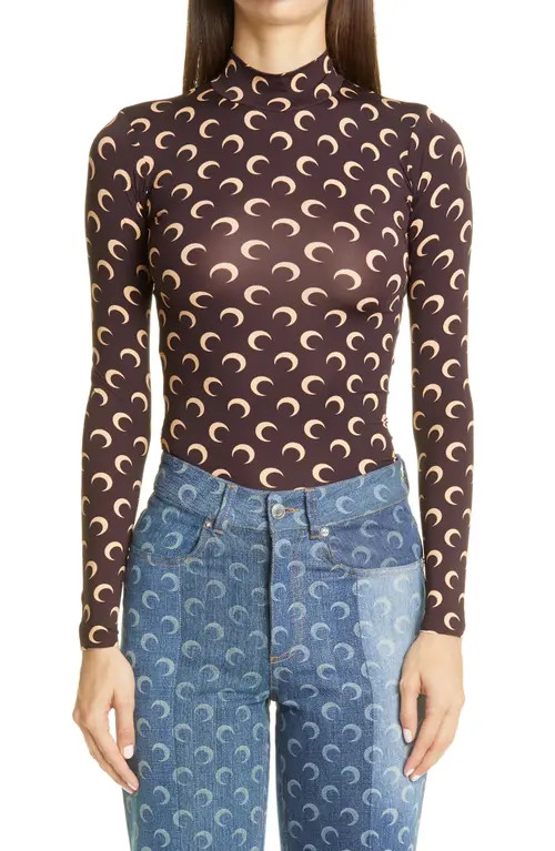 Marine Serre Fitted Moon Print Mock Neck Top in Brown With Tan Print at Nordstrom, Size Small | Nordstrom