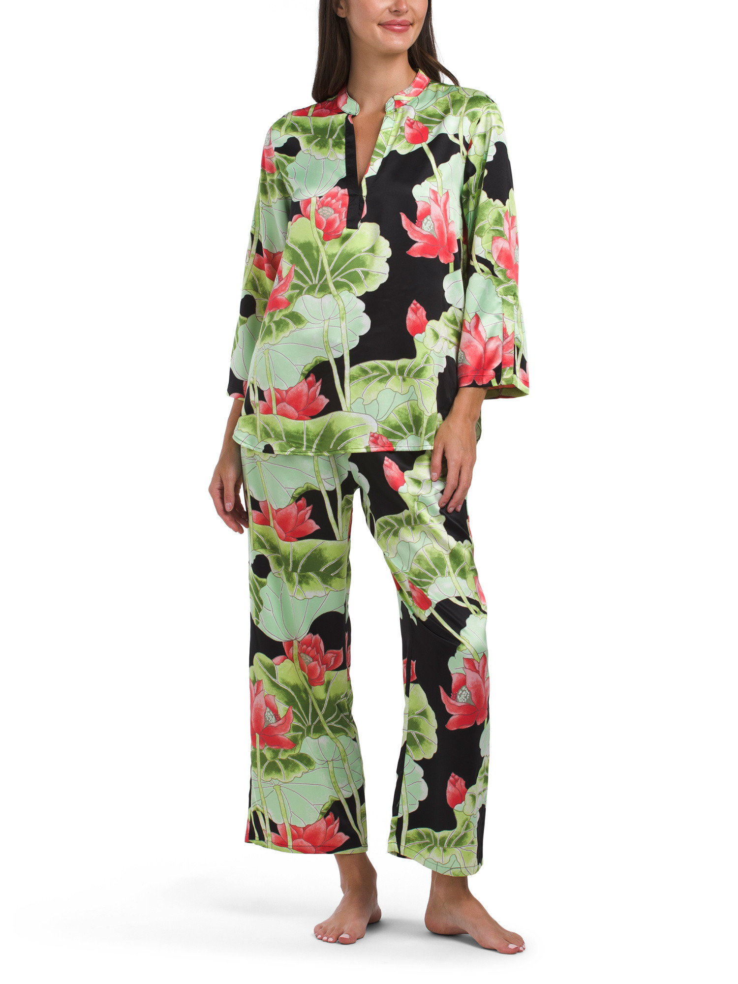 2pc Ascendant Lotus Printed Satin Mandarin Top And Pants Pajama Set | TJ Maxx