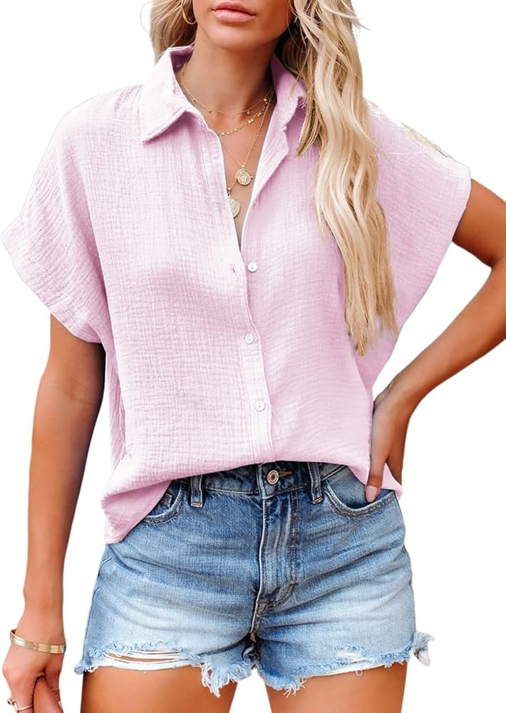 Dokotoo Casual V Neck Button Down Shirts for Women Solid Short Sleeve Blouse Tops | Amazon (US)