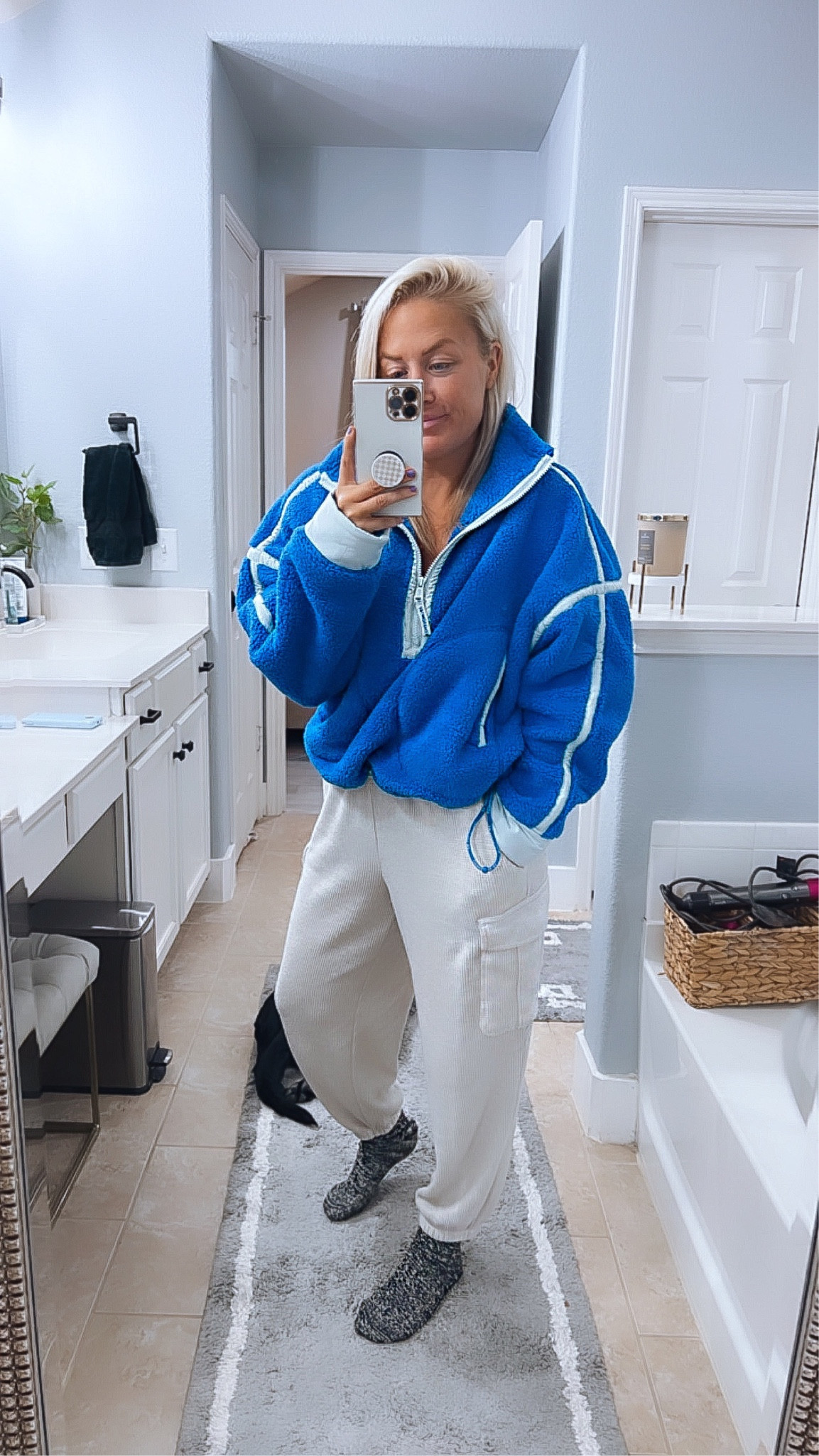 Free people fleece mountain half zip colorblock pullover - small 
Linking a similar look alike from Amazon 
Waffle knit cargo joggers from aerie 

#LTKtravel #LTKmidsize #LTKstyletip