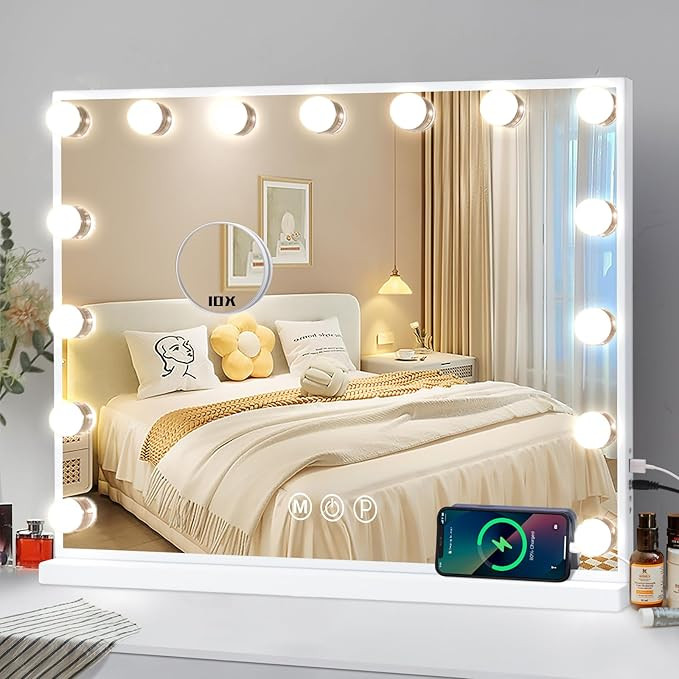 COOLJEEN Vanity Mirror with Lights, Hollywood Mirror with 15 Dimmable Bulbs and USB Charging Port... | Amazon (US)
