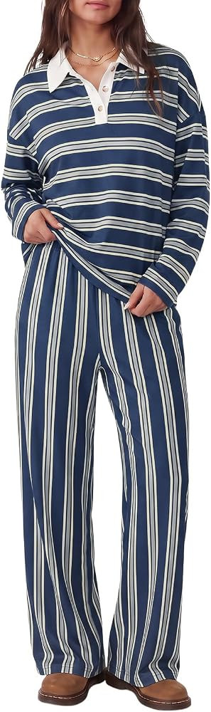 Tankaneo Womens Striped 2 Piece Lounge Sets Long Sleeve Pants Sets | Amazon (US)