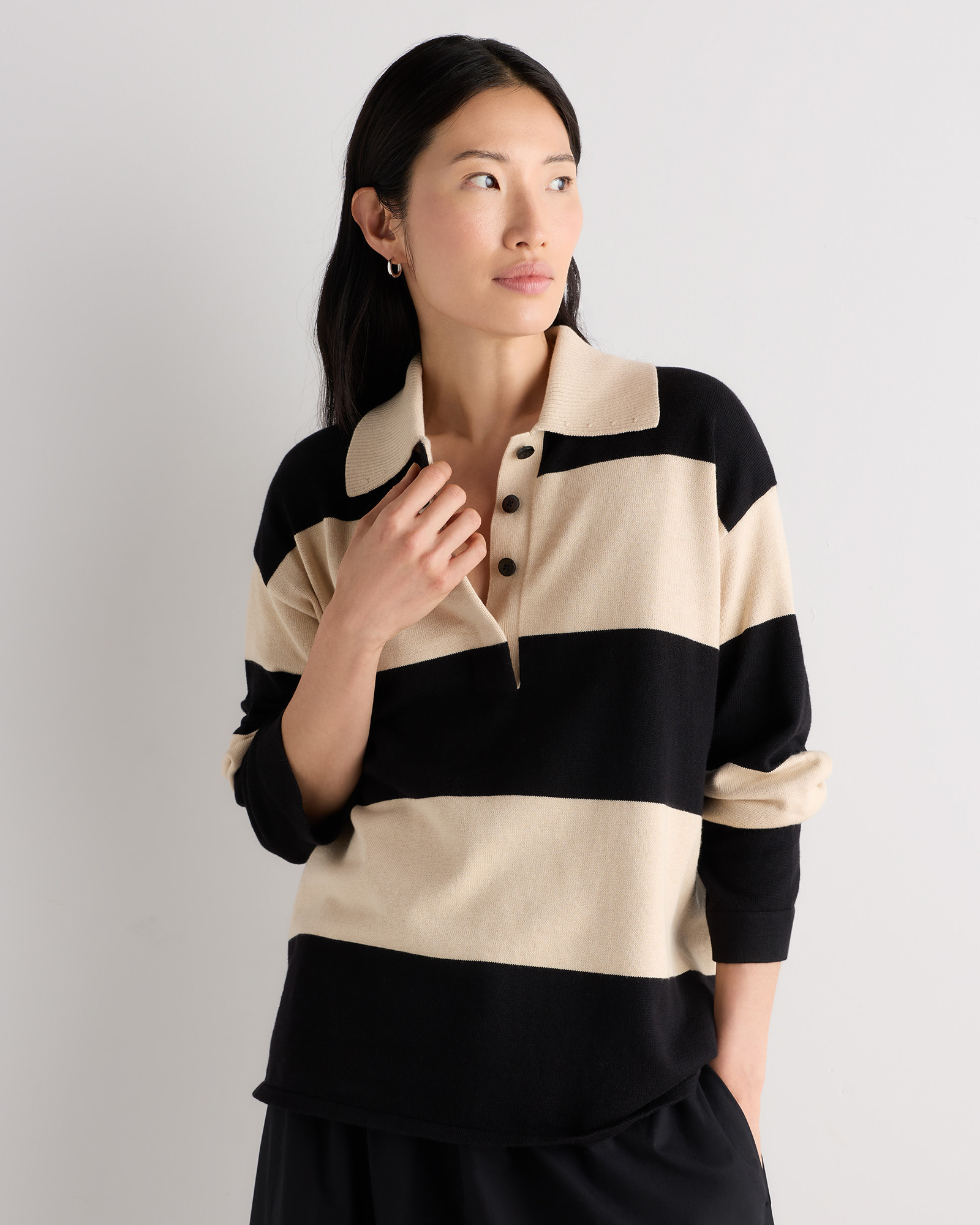 Quince | Women's Cotton Cashmere Rugby Polo Sweater in Oatmeal / Black Rugby Stripe, Size Medium | Quince