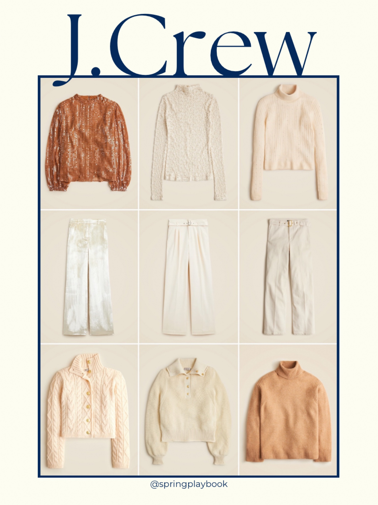 New Arrivals at J.Crew. Cream wide leg pants in velvet and denim. Embellished tops. Sweaters with gold buttons. 

Historically:
Buttercream is a very light peach
Evening Sky is a spring navy

#createdcolorful #createdcolorfulspring #hocspring #tcispring #pcaspring #lightspring #warmspring #truespring #brightspring #clearspring #paintboxspring #bluespring

#LTKHoliday #LTKSaleAlert #LTKWorkwear
