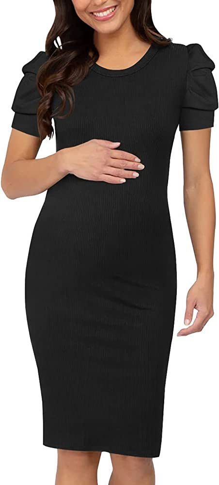 Moyabo Women's Knit Ribbed Maternity Dress Short Sleeve Bodycon Dress for Daily Wearing or Baby Show | Amazon (US)