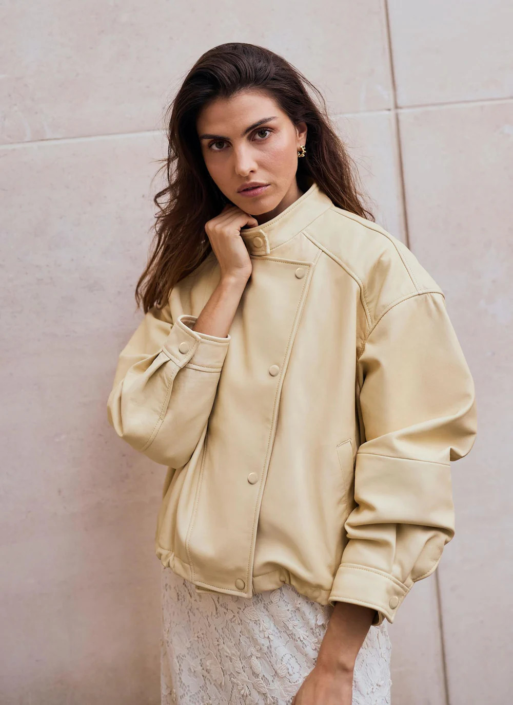 Butter Yellow Leather Cropped Pilot Bomber Jacket | Mint Velvet
