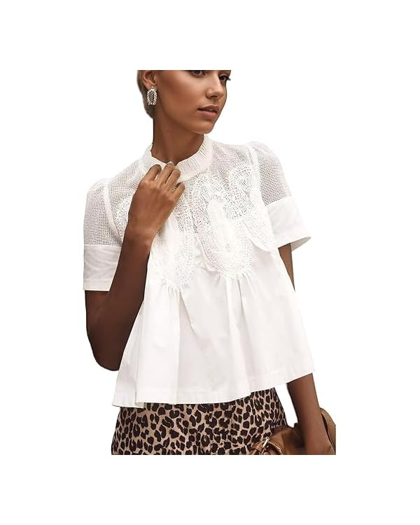 MISSACTIVER Women Lace Trim Short Sleeve Blouse Swing Crew Neck Ruffle Hem Mesh Shirts Summer Loo... | Amazon (US)
