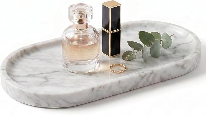 YKAJO Carrara White Gray Oval Marble Tray, 9.8x4.7 Perfume Organizer Dish | Amazon (US)