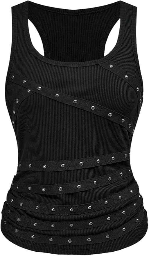 Floerns Women's Y2k Tank Top Sleeveless Square Neck Ribbed Ruched Side Rivet Grunge Vest Going Ou... | Amazon (US)