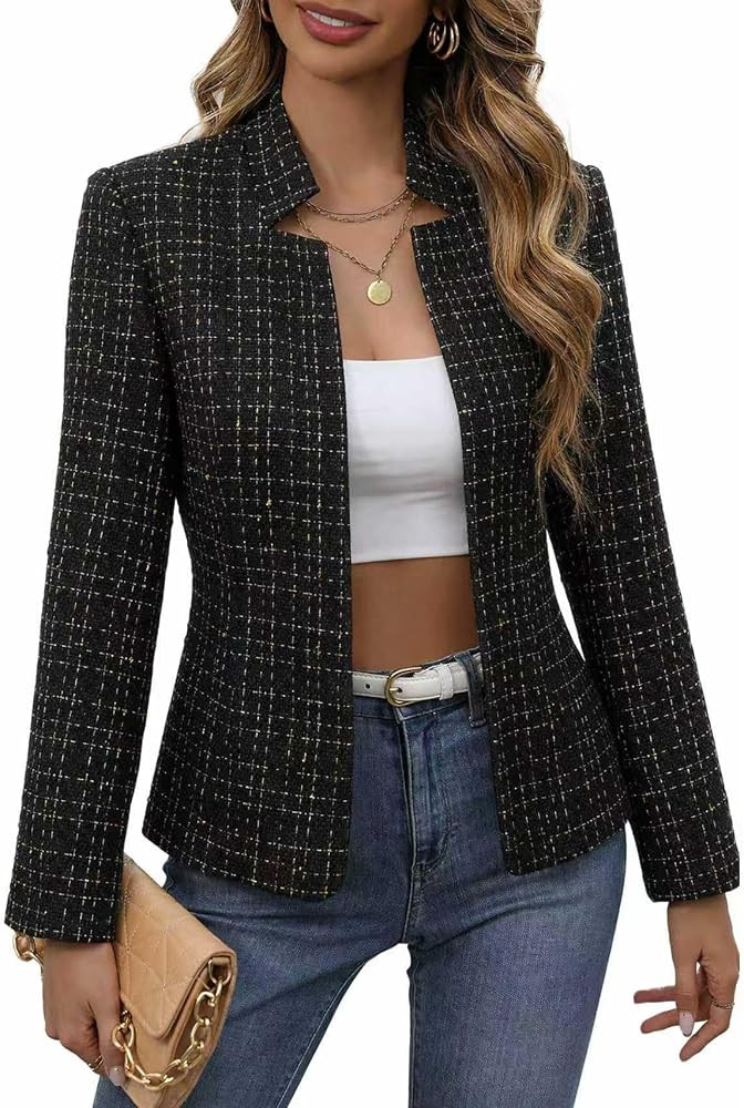 Mina Self 2026 Spring Women's Tweed Plaid Blazer Jacket - Fully Lined Open Front Stand Collar Cas... | Amazon (US)