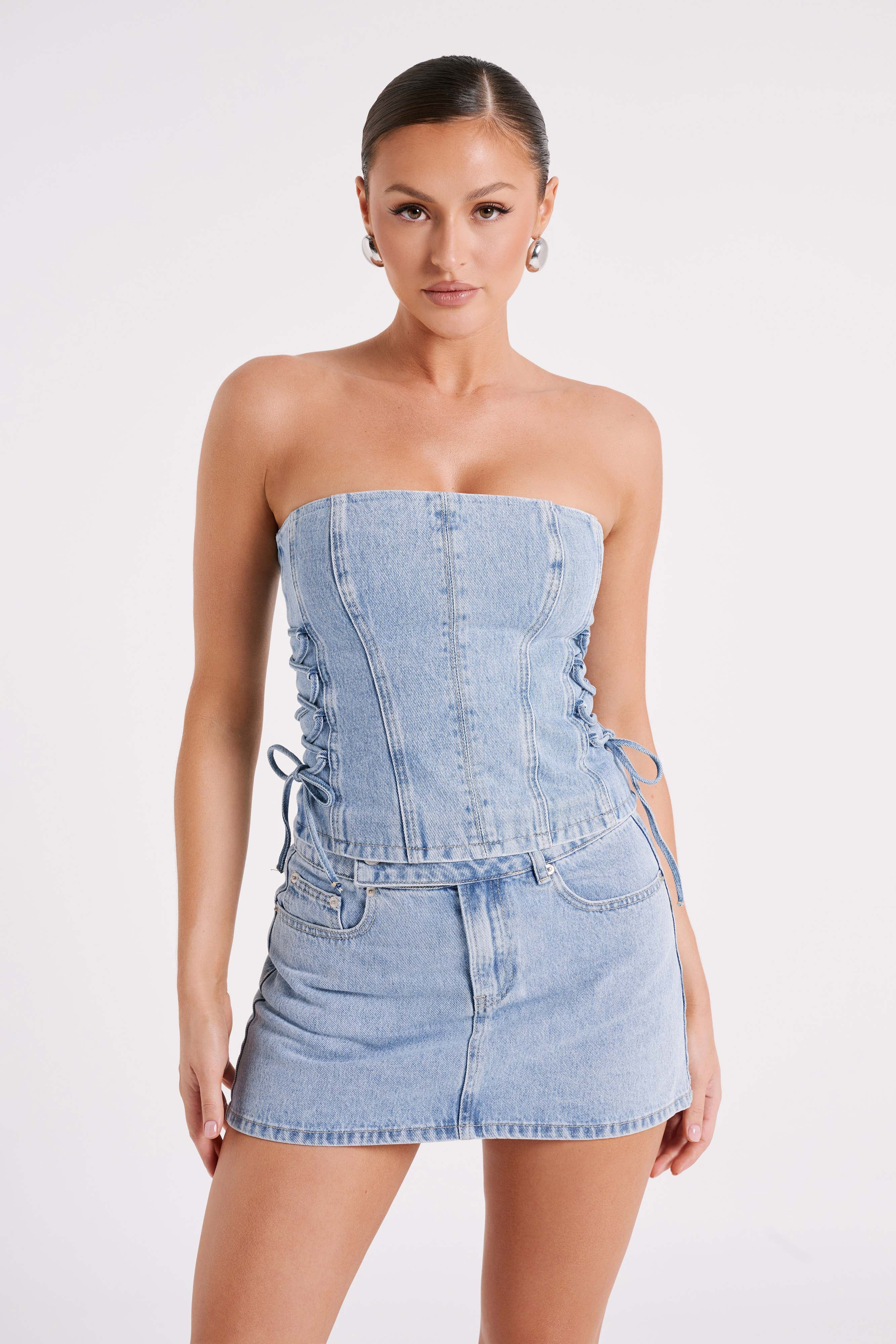 Julienne Denim Mini Skirt - Mid Blue | MESHKI US
