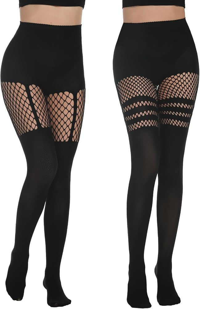 JOJOANS Faux Thigh High Tights Mock Suspender Pantyhose Striped Goth Fishnets Pack of 2 | Amazon (US)