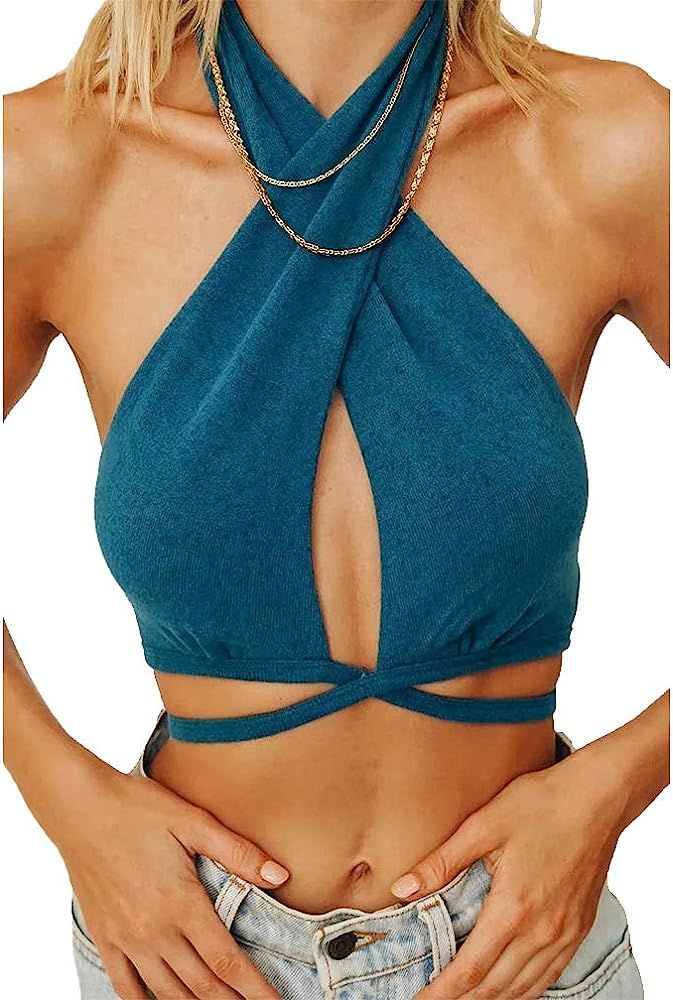 Sdencin Women Sexy One Shoulder Twist Bandage Crop Top Sleeveless Knot Front Cut Out Criss Cross ... | Amazon (US)