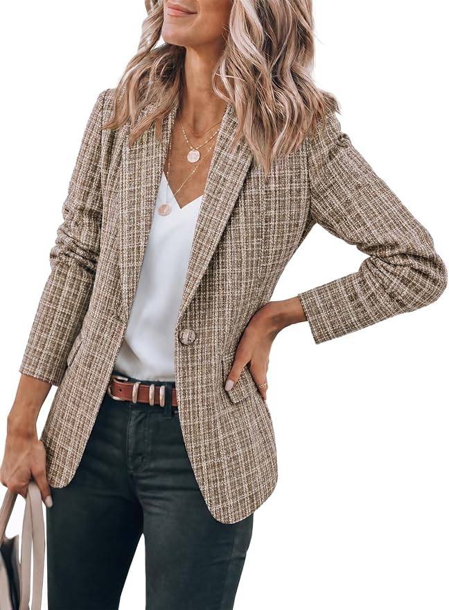 Cicy Bell Womens Plaid Tweed Blazer Jacket Open Front Business Casual Coats | Amazon (US)