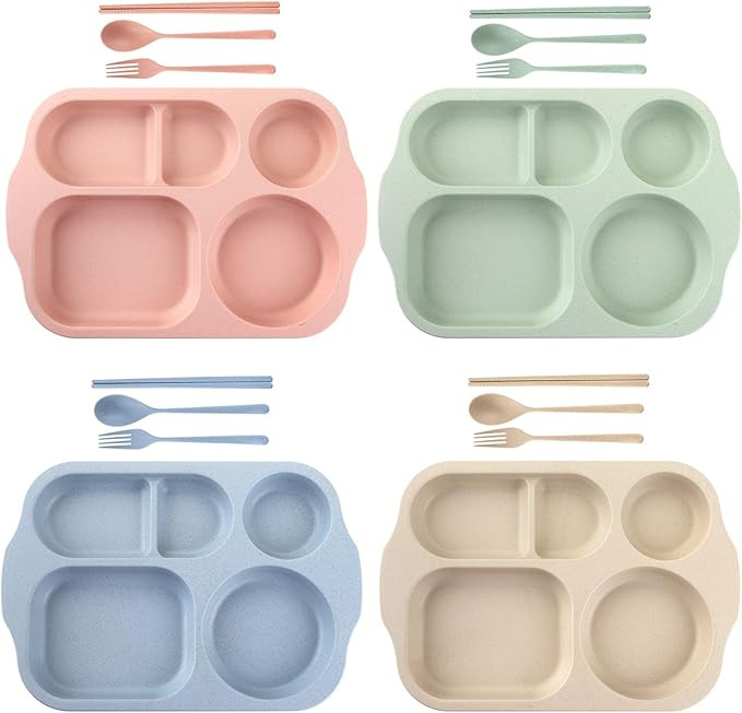 Nicunom 4 Pack Unbreakable Divided Plates, 5-Compartment Wheat Straw Tray Section Plates for Todd... | Amazon (US)