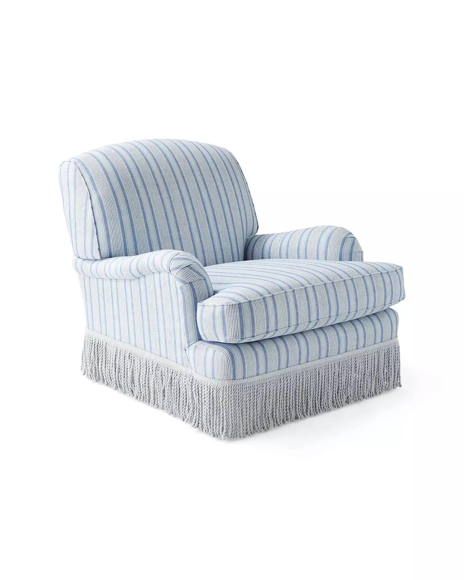 Miramar English Roll Arm Chair in French Blue Kensington Stripe with Coastal Blue Bullion Fringe | Serena and Lily