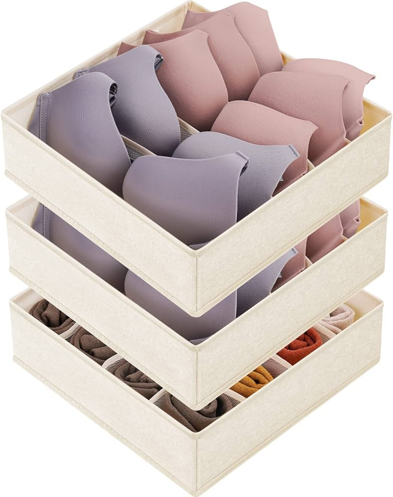 3 Pack Bra Underwear Drawer Organizer Dividers, 26 Cell Fabric Foldable Dresser Closet Organizers... | Amazon (US)