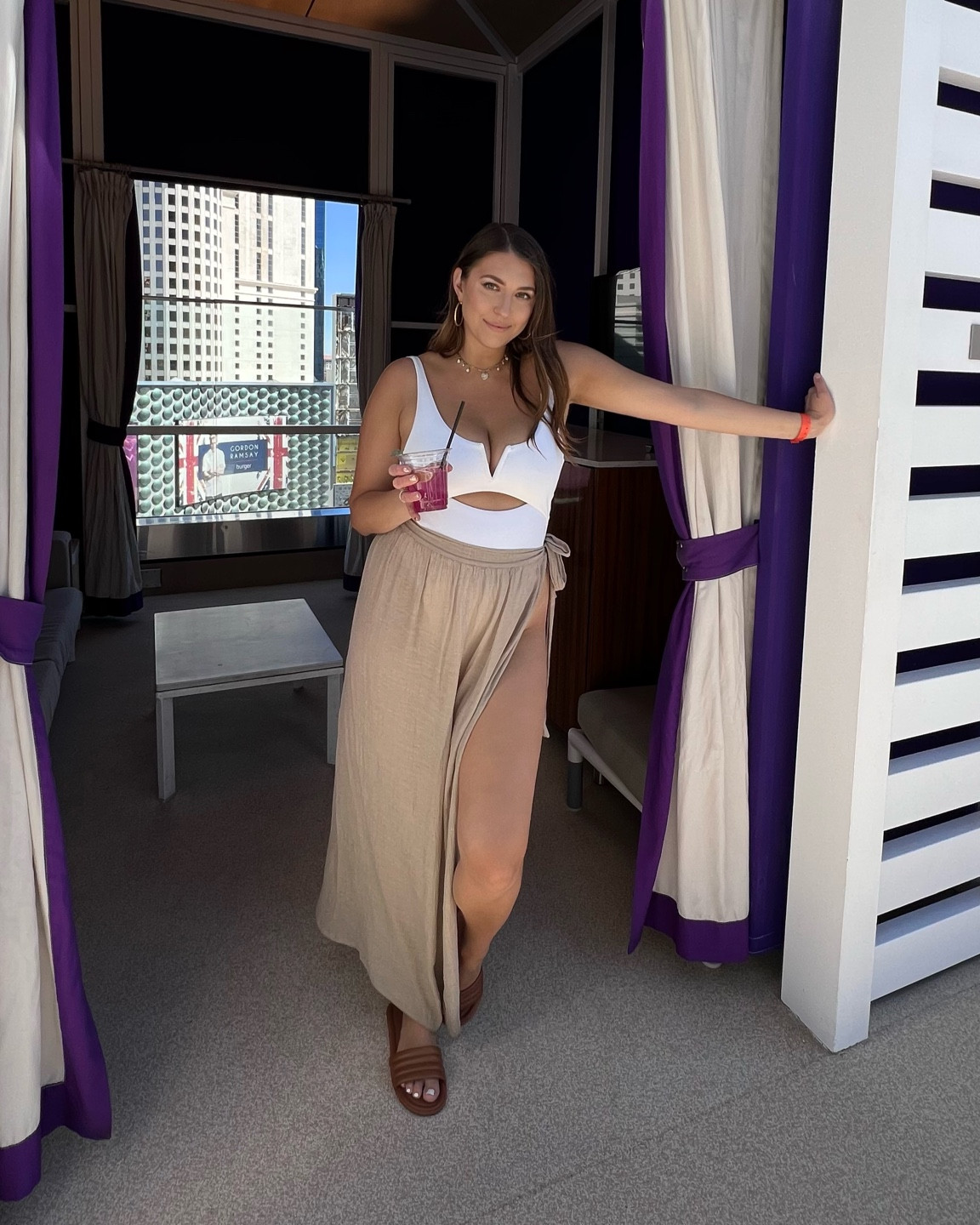 Vegas pool outfit idea - white one piece swimsuit with linen like cover up. 

#vegasoutfit #pooloutfit #springbreak #vacationoutfit 

#LTKFind #LTKU #LTKswim