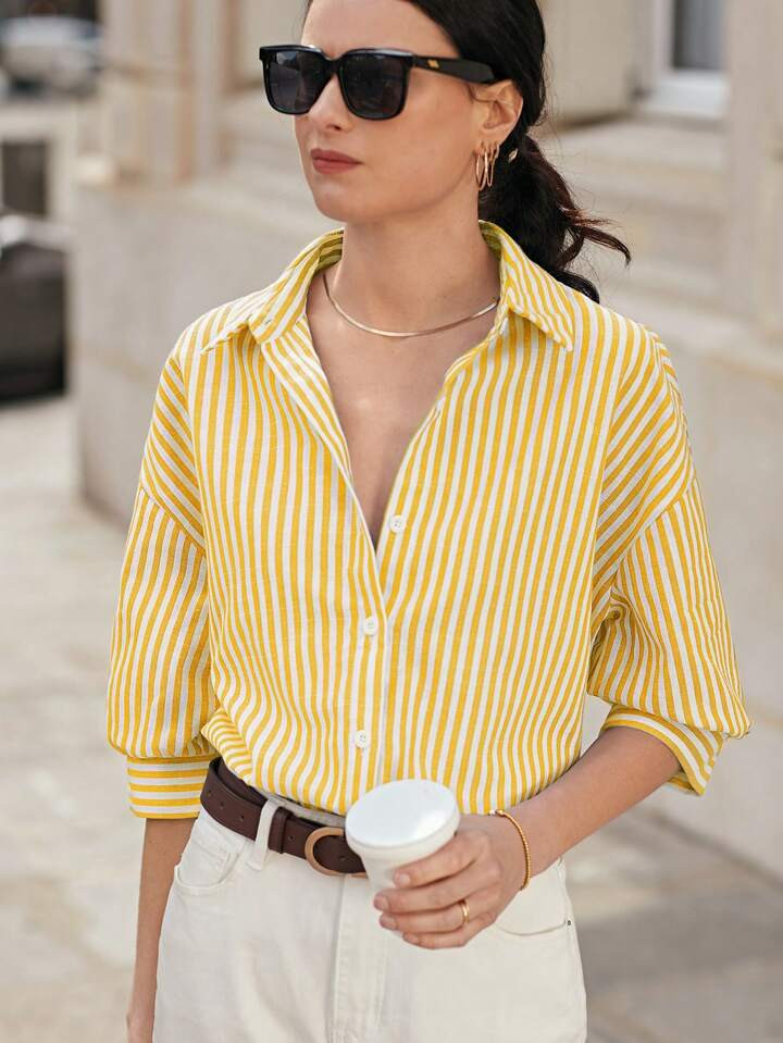 Poéselle Drop Shoulder Shirt Women's Long Sleeve Striped Shirt, Cute Summer Tops, Summer Women's Clothing, White Shirt, Fresh Casual Shirt, Button Closure, Covered Shirt, Lightweight And Breathable Made Of Comfy Material, Suitable For Holiday Going Out, Casual Daily 100% Cotton | SHEIN