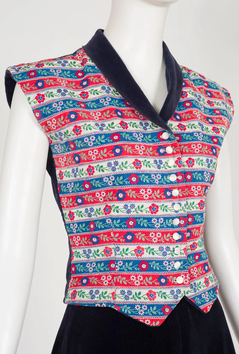 1950s Vintage Folk Floral Ribbon Navy Blue Cotton Velvet Top & Skirt Set Sz XS | Etsy (US)