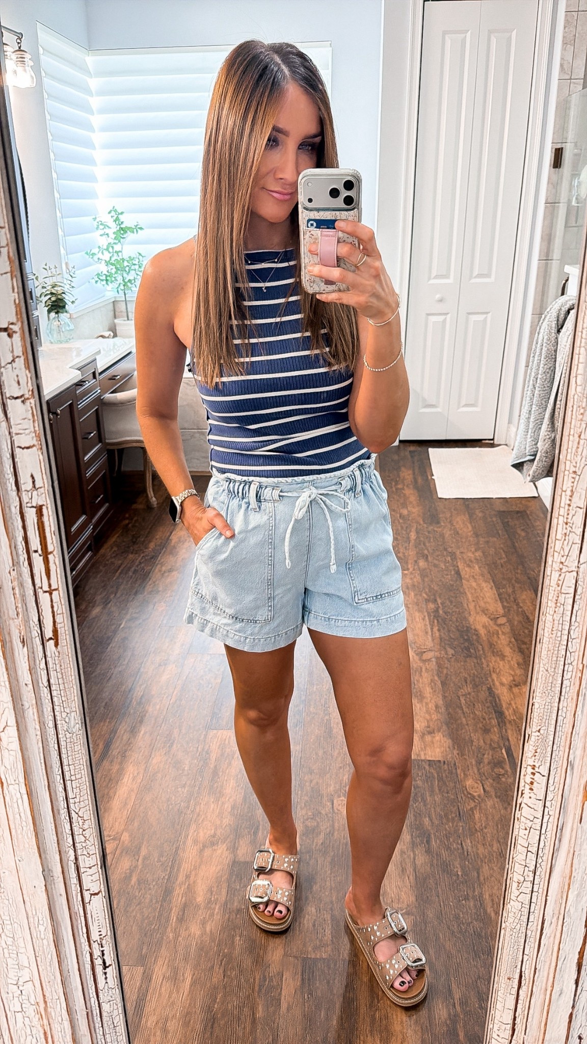 Viral Walmart paper bag drawstring shorts back in stock, free people tank top, striped tank, spring/summer tank, spring/summer sandals, studded sandals, neutral sandals, mom approved jean shorts 

Small shorts, medium tank top

#LTKgrwm #LTKootd #LTKmomlife