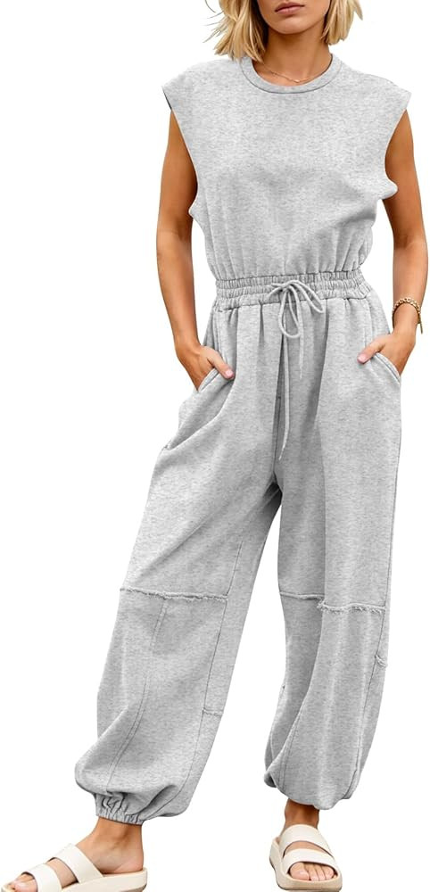 Kissonic Jumpsuits for Women Casual Crewneck Cap Sleeve Drawstring Romper One Piece Outfits with ... | Amazon (US)