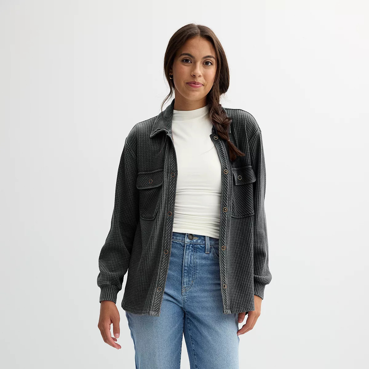 Juniors' Rewind Waffle Snap Front Knit Shacket | Kohl's