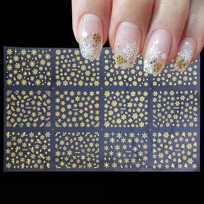 Christmas Nail Art Sticker Decals 3D Snowflake Designs Exquisite Golden Silver White Nail Art Sup... | Amazon (US)