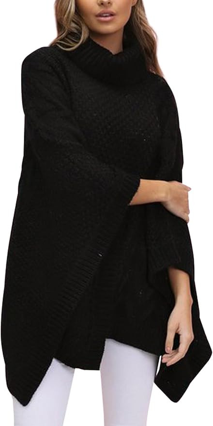 BerryGo Women's Chic Turtleneck Batwing Sleeve Asymmetric Knitted Poncho Pullovers Sweater | Amazon (US)