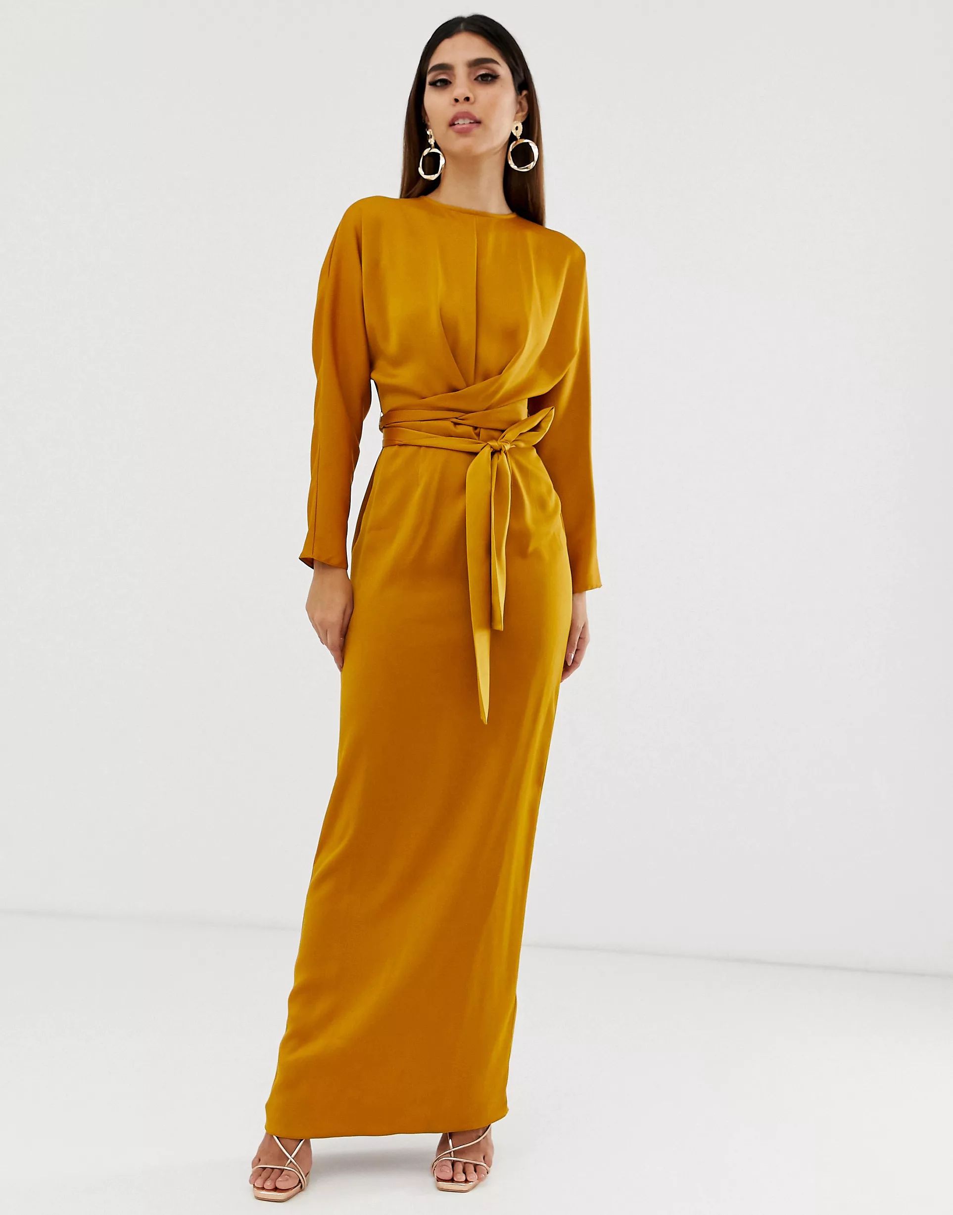ASOS DESIGN satin maxi dress with batwing sleeve and wrap waist in mustard | ASOS (Global)