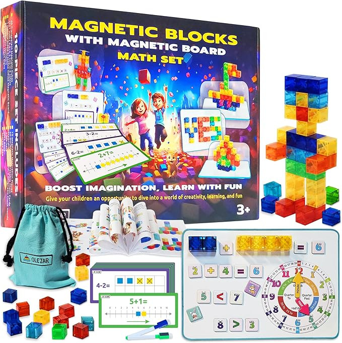 40pcs Transparent Magnetic Blocks, 1inch Cubes, 5-in-1 STEM Set with Board & Markers, Math Cards ... | Amazon (US)