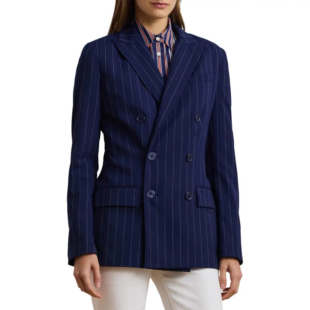 Lauren Ralph Lauren Pinstripe Double Breasted Wool Blend Blazer in Navy/White at Nordstrom, Size 0 | Nordstrom