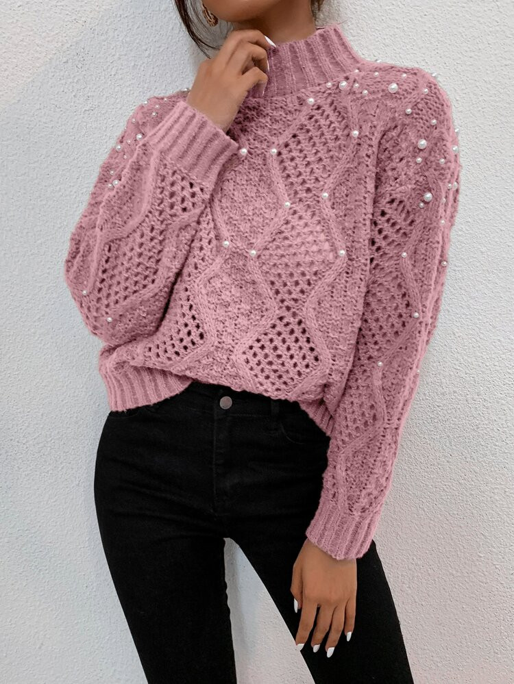 High Neck Pearls Beaded Open Knit Sweater | SHEIN