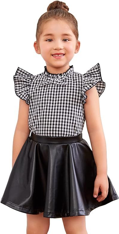 WDIRARA Toddler Girl's 2 Piece Outfits Plaid Mock Neck Cap Sleeve Top and PU Leather Skirt Set | Amazon (US)